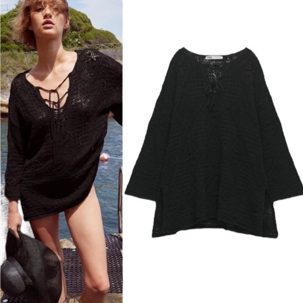 ZARA Double Tie Crochet‎ Bathing Suit Cover Up M Black